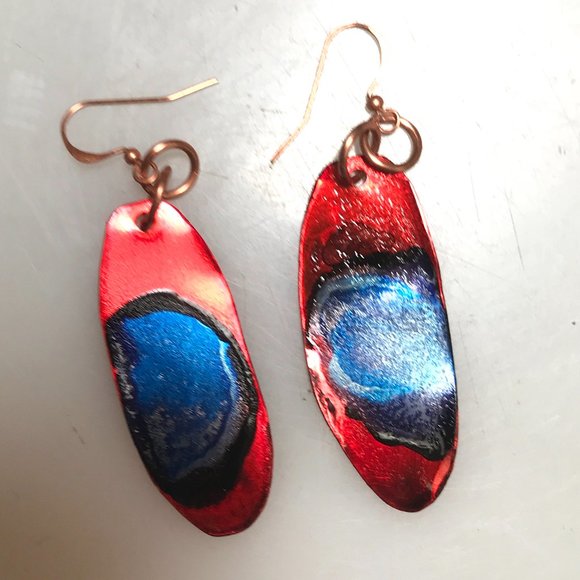 Blue Red Rustic Solid Copper Long Painted Earrings Handmade OOAK Bohemian Hippie - Picture 11 of 11